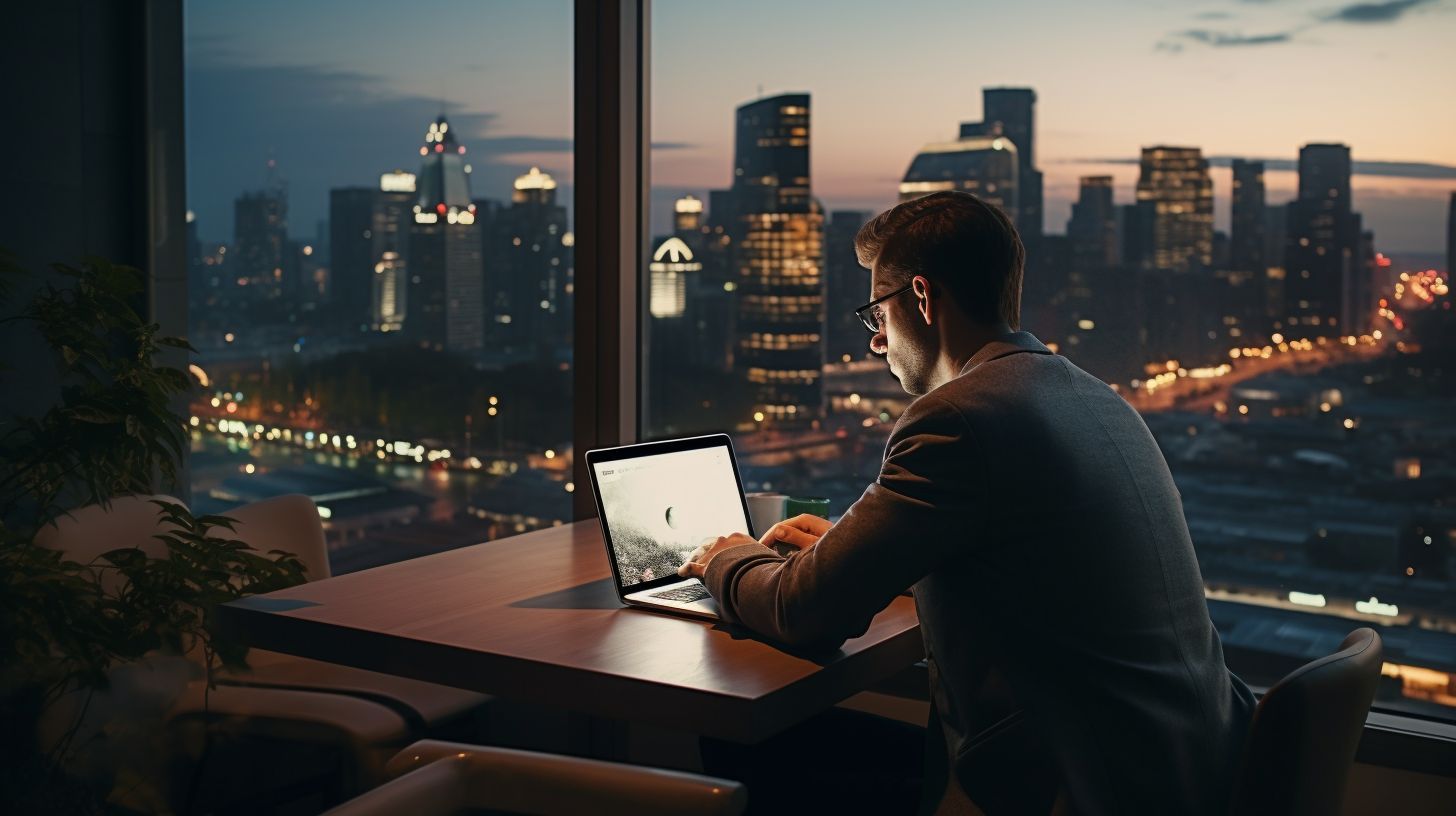 A person working on a laptop with a city skyline view.